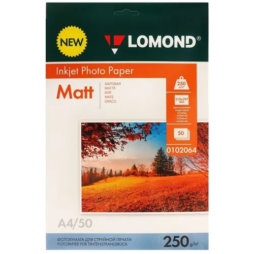 Фотобумага Lomond A4, для струйной печати, 50л, 250г/м2, белый, покрытие матовое [0102064]