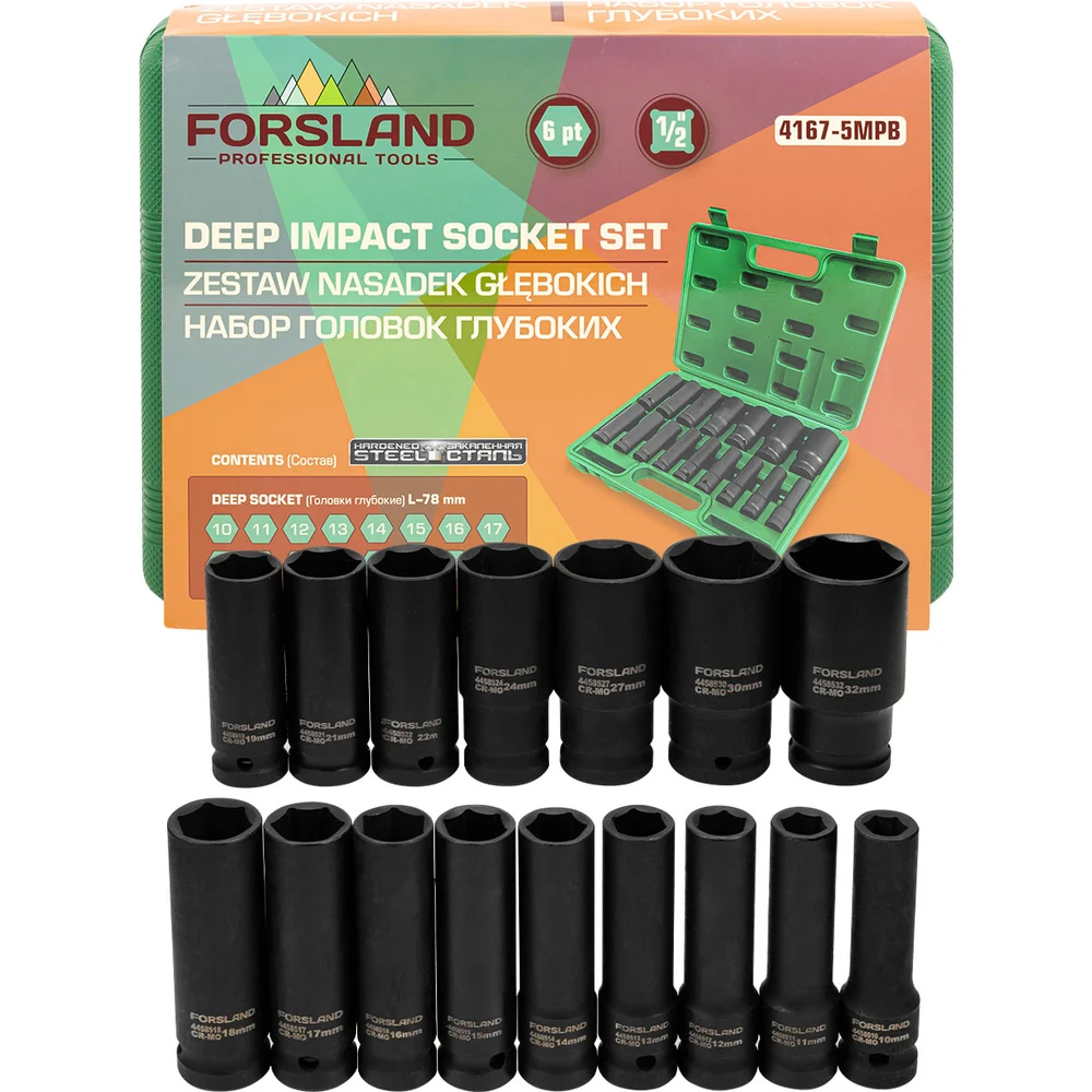 Набор головок ударных глубоких Forsage 16 предметов 1/2 6 граней Forsland-4167-5MPB(65459)
