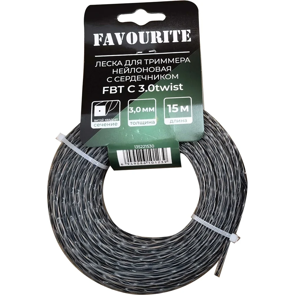 Леска для триммера нейлоновая 3 мм 15 м витой квадрат с сердечником FAVOURITE FBT 3.0TWIST