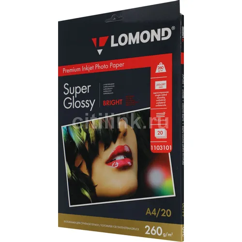 Фотобумага Lomond A4, для струйной печати, 20л, 260г/м2, белый, покрытие высокоглянцевое [1103101]