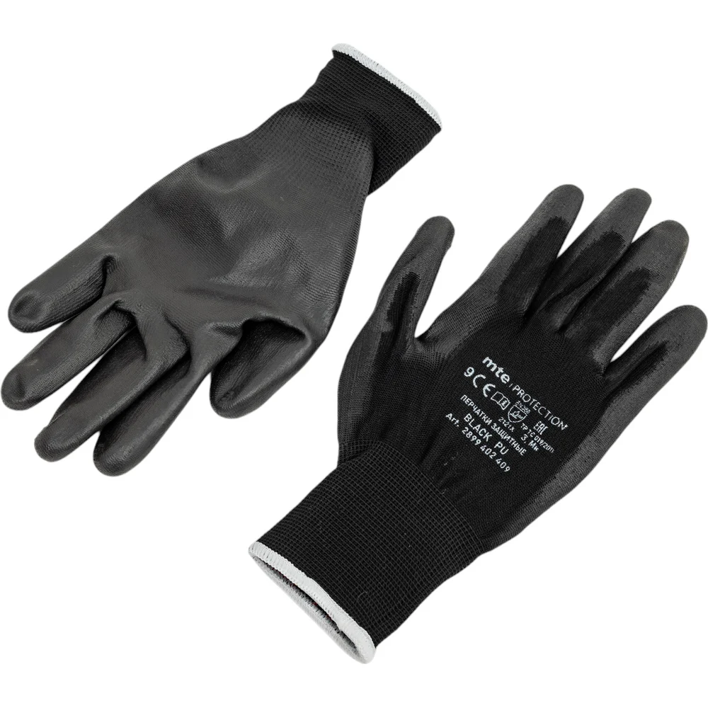 Перчатки защитные из полиэстера с полиуретаном MTE Black PU, черные, р.9 2899402409