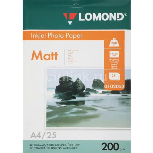 Фотобумага Lomond A4, для струйной печати, 25л, 200г/м2, белый, покрытие матовое /матовое [0102052]