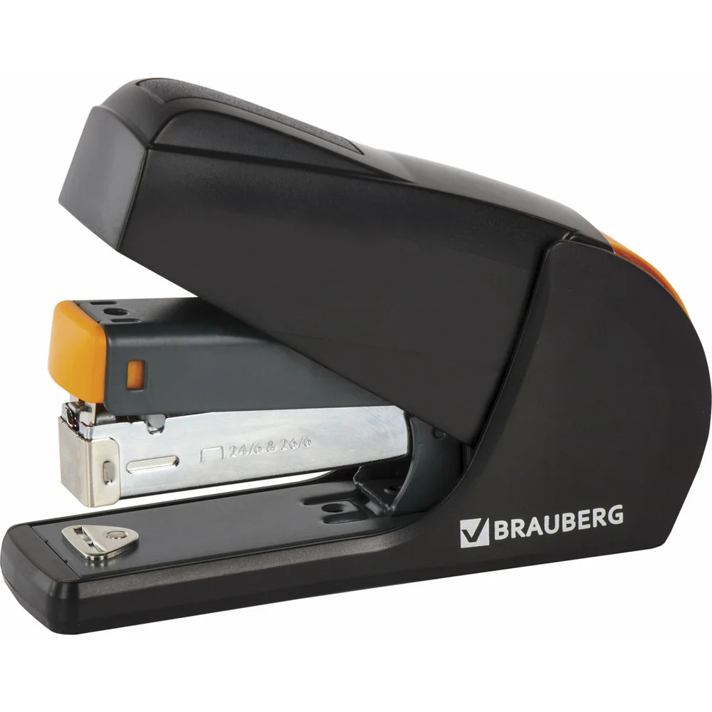 Степлер BRAUBERG Easy Press, 25 листов, 110 скоб, черный и оранжевый [224348]
