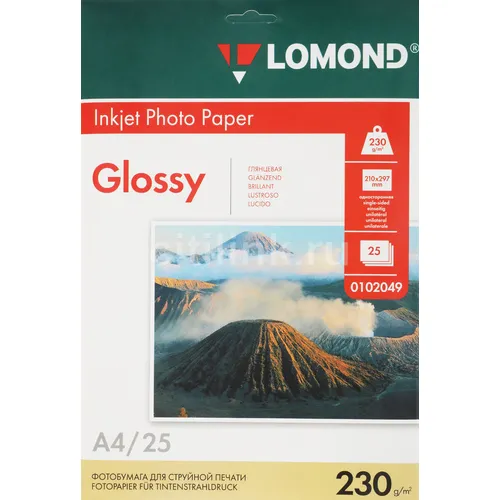 Фотобумага Lomond A4, для струйной печати, 25л, 230г/м2, белый, покрытие глянцевое [0102049]