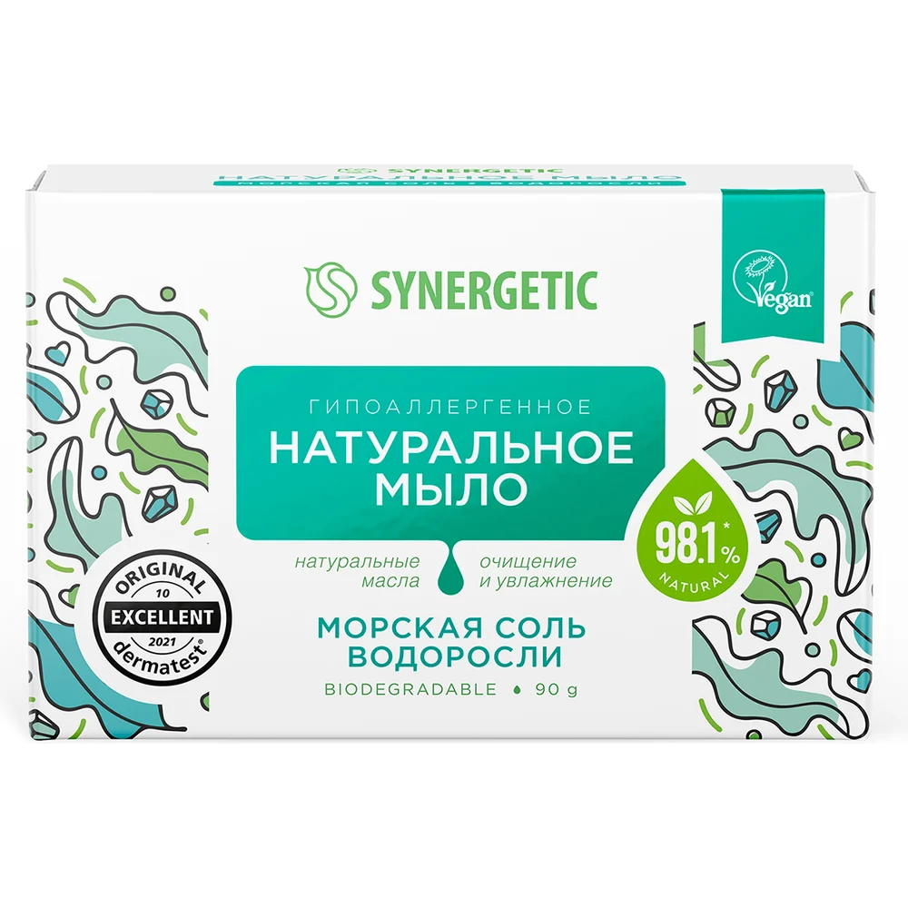 Натуральное туалетное мыло SYNERGETIC морская соль и водоросли, 90 г 500102