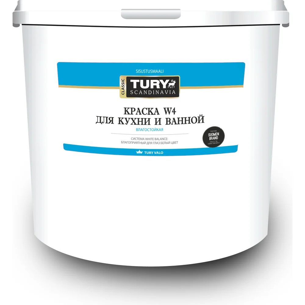 Краска TURY в/д W-4 влагостойкая для кухни и ванной белая, 4 кг 2008487