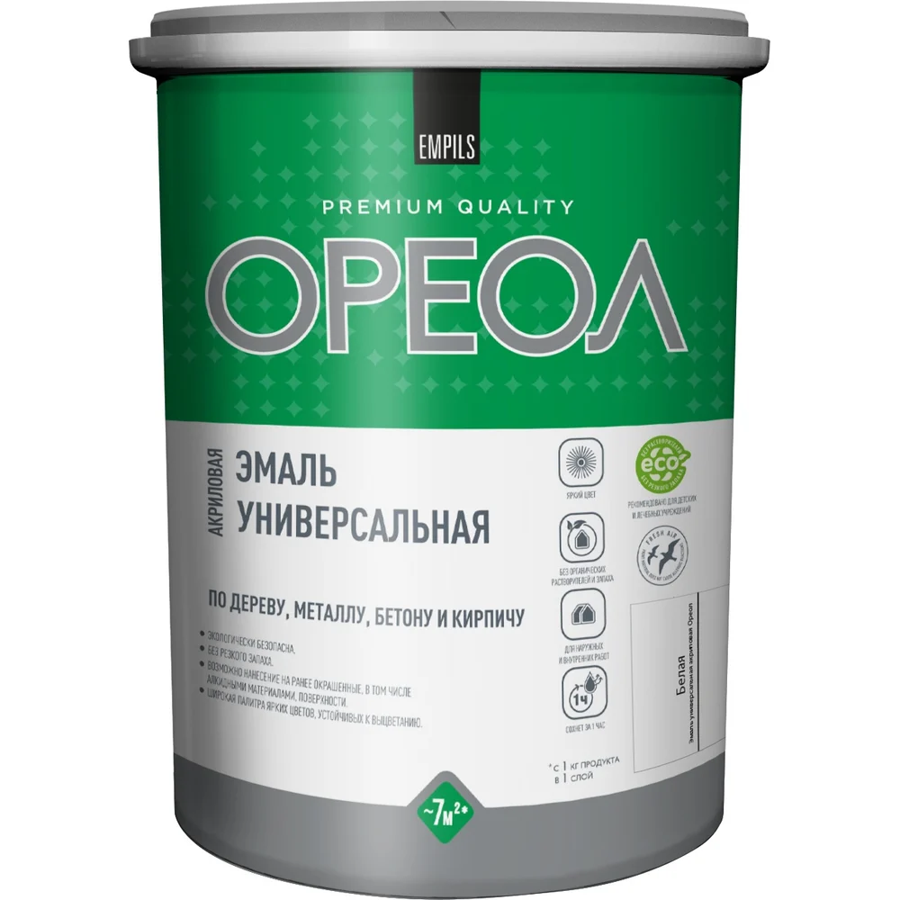 Эмаль акриловая Ореол универсальная глянцевая белая 1 кг 85881