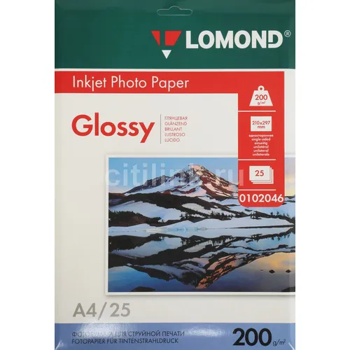 Фотобумага Lomond A4, для струйной печати, 25л, 200г/м2, белый, покрытие глянцевое [0102046]