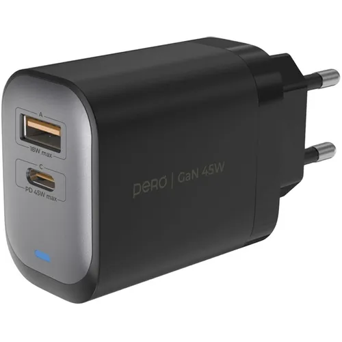 Сетевое зарядное устройство PERO ТС29, USB-A, USB-C, 45Вт, 3A, серый [тс29gr]