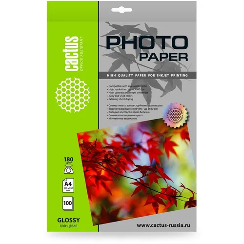 Фотобумага Cactus A4, для струйной печати, 100л, 180г/м2, белый, покрытие глянцевое [cs-ga4180100]